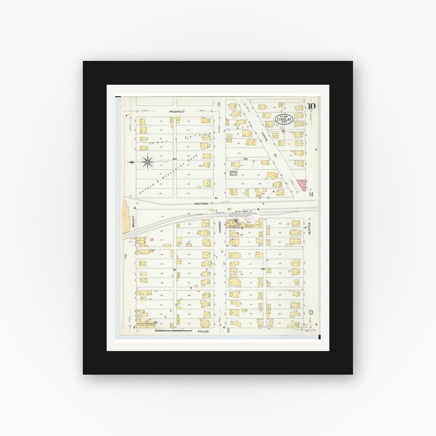 Old map wall art mockup — black gallery frame with white mat — Sanborn Fire Insurance Map from Findlay, Hancock County, Ohio (1908), Sheet #0010