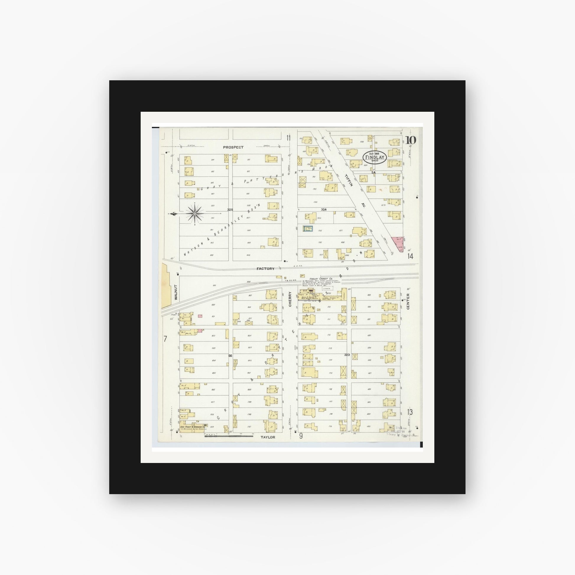 Old map wall art mockup — black gallery frame with white mat — Sanborn Fire Insurance Map from Findlay, Hancock County, Ohio (1908), Sheet #0010