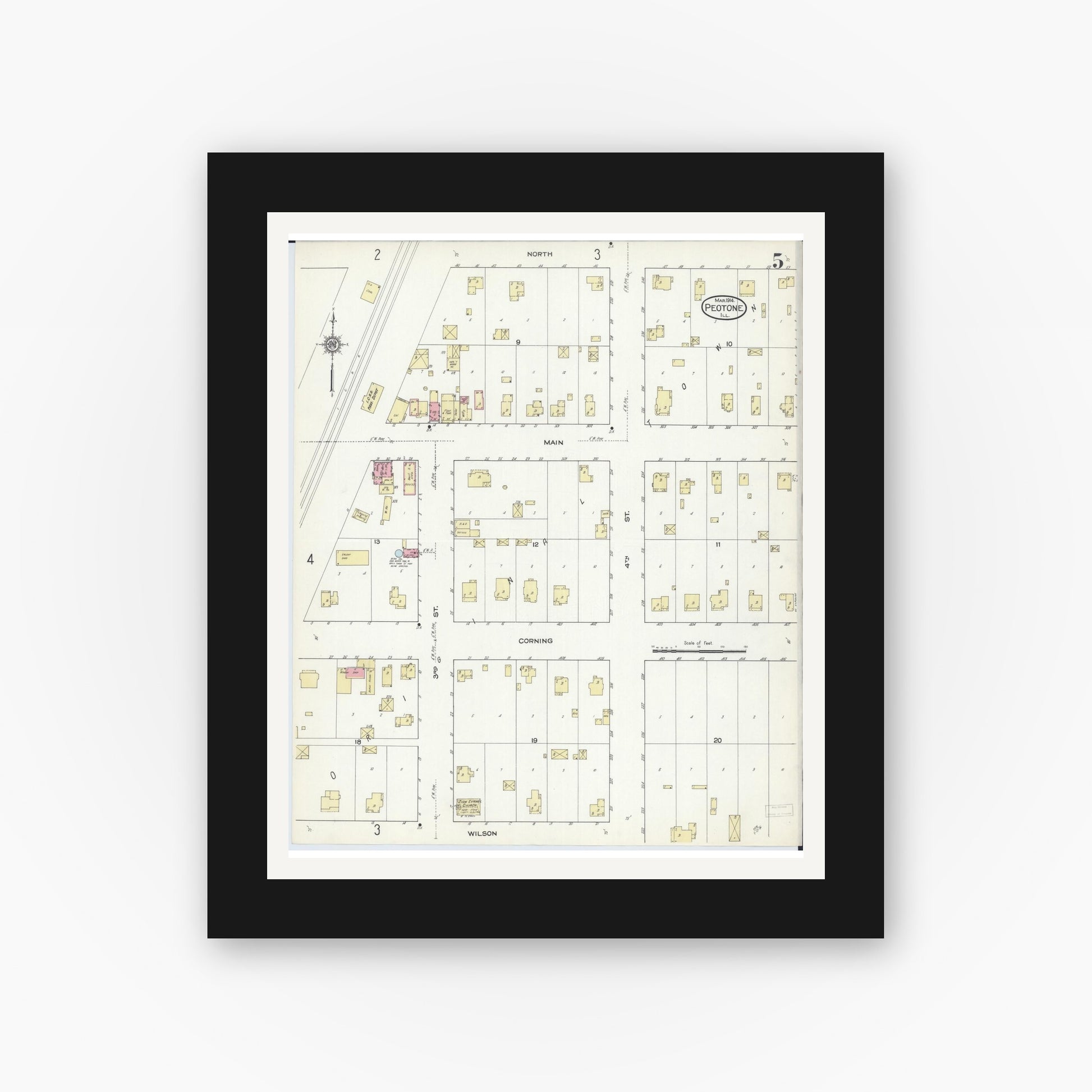 Old map wall art mockup — black gallery frame with white mat — Sanborn Fire Insurance Map from Peotone, Will County, Illinois (1914), Sheet #0005