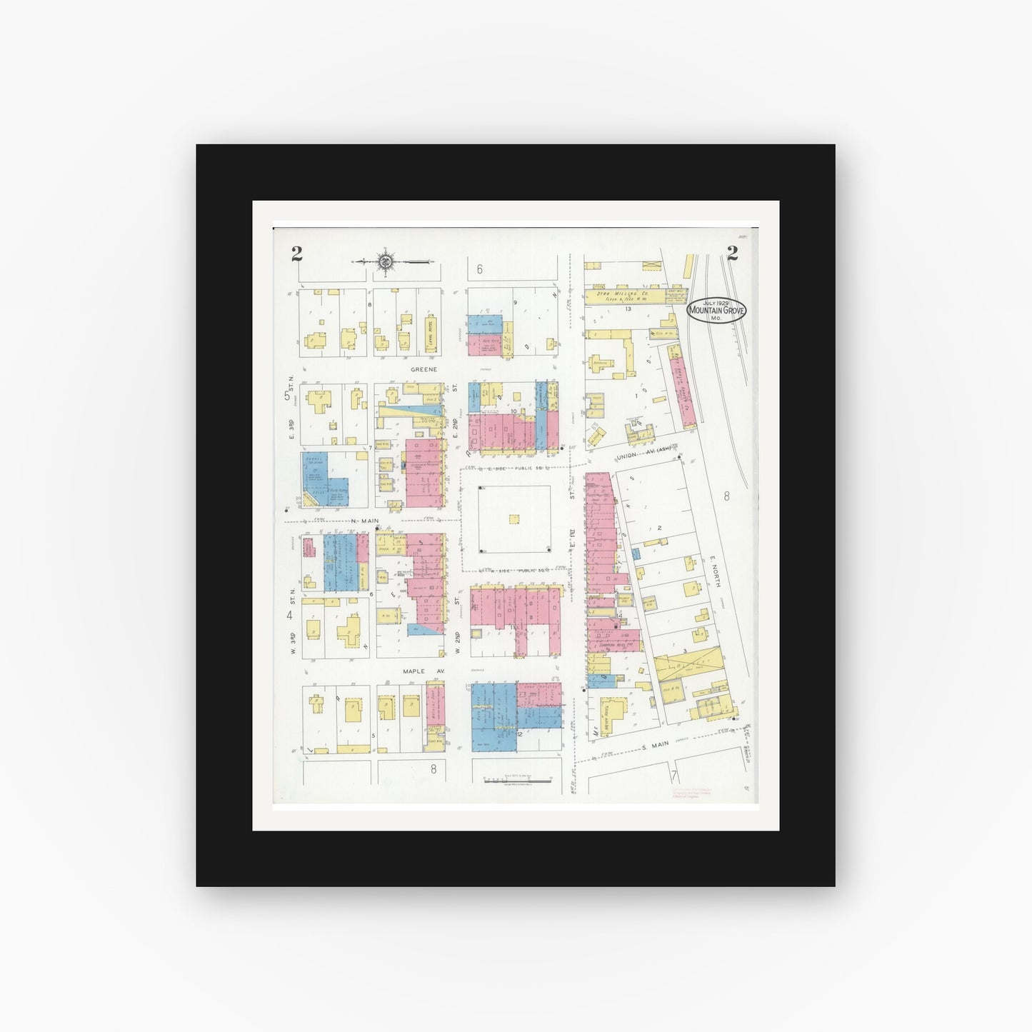 Old map wall art mockup — black gallery frame with white mat — Sanborn Fire Insurance Map from Mountain Grove, Wright County, Missouri (1929), Sheet #0002