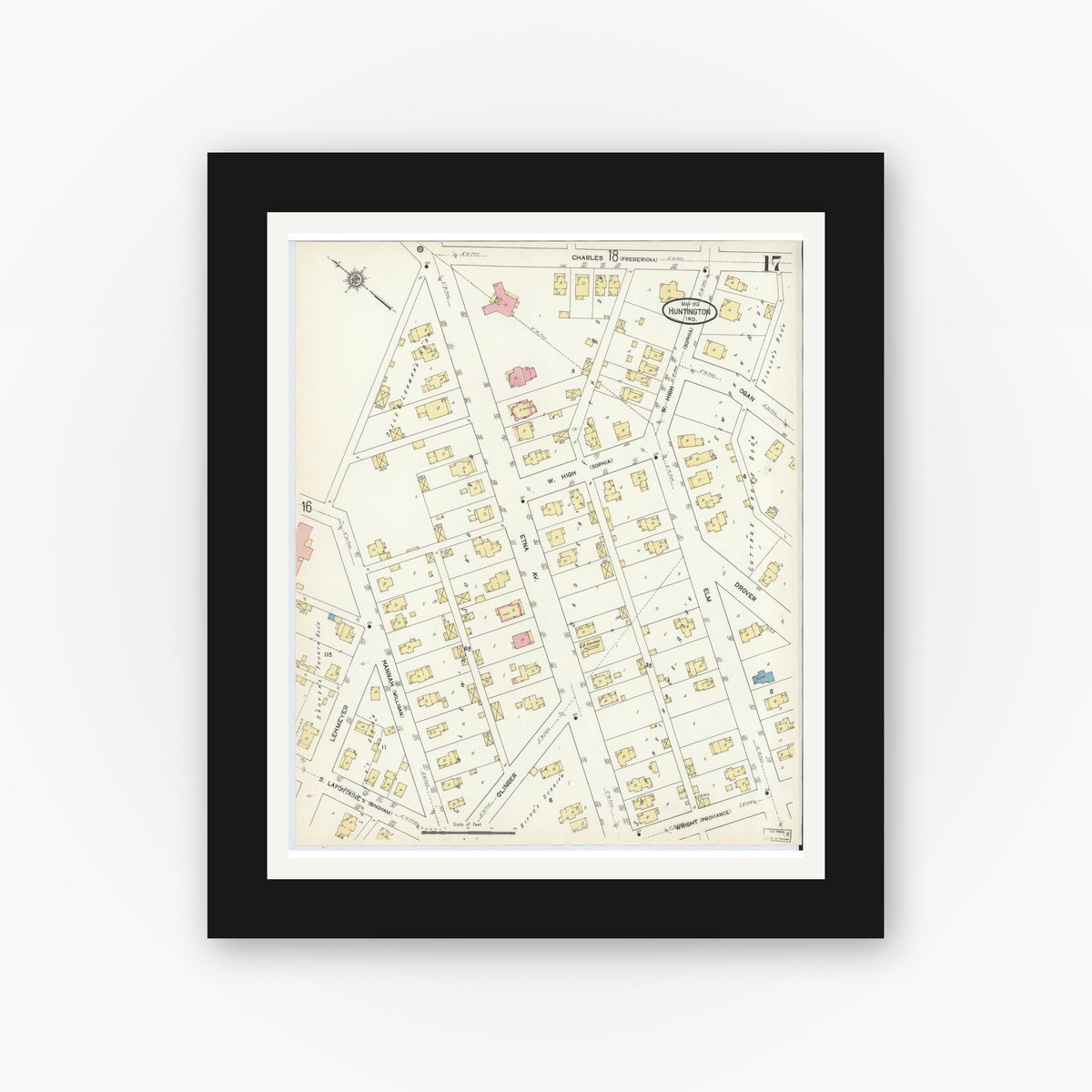 Old map wall art mockup — black gallery frame with white mat — Sanborn Fire Insurance Map from Huntington, Huntington County, Indiana (1912), Sheet #0017
