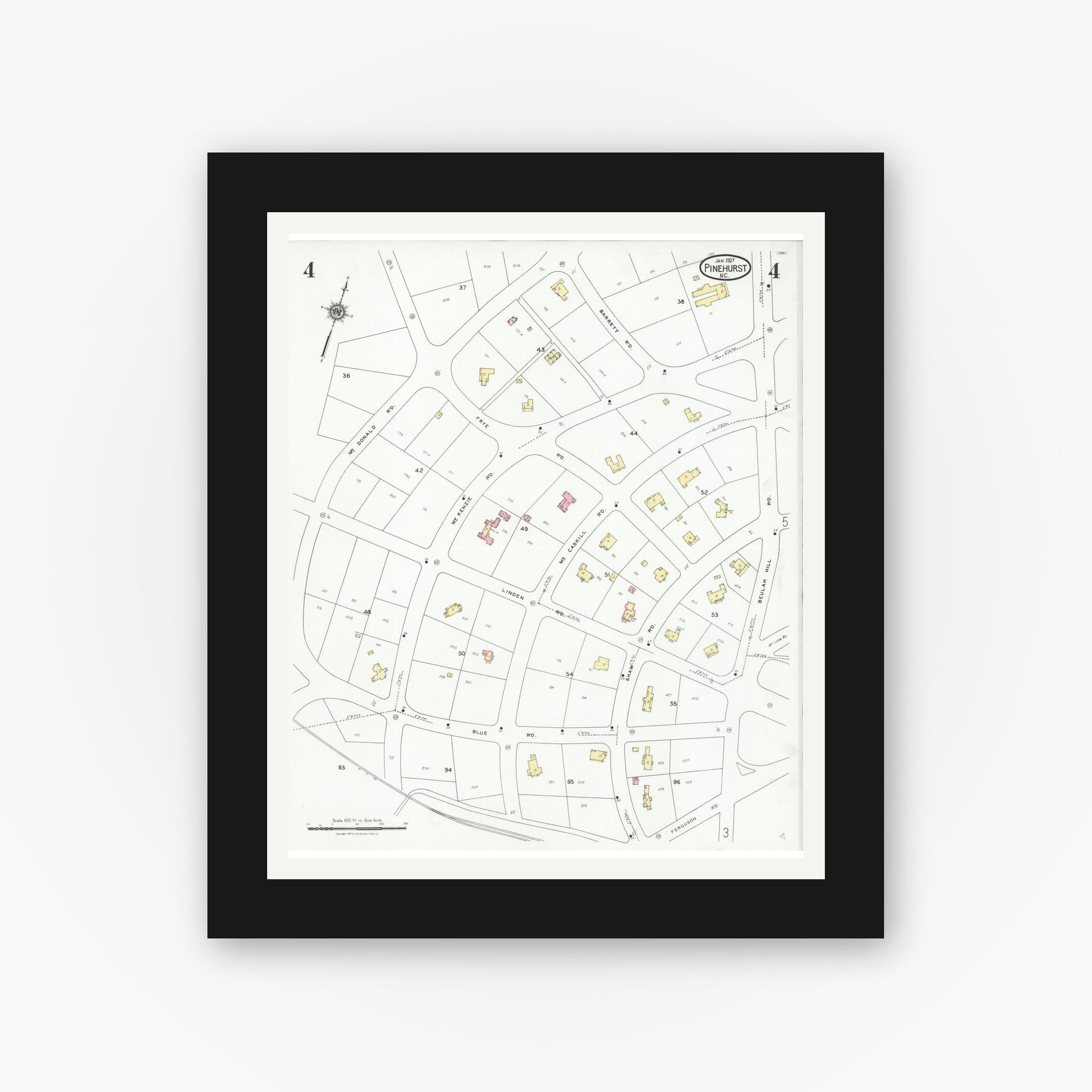 Old map wall art mockup — black gallery frame with white mat — Sanborn Fire Insurance Map from Pinehurst, Moore County, North Carolina (1927), Sheet #0004