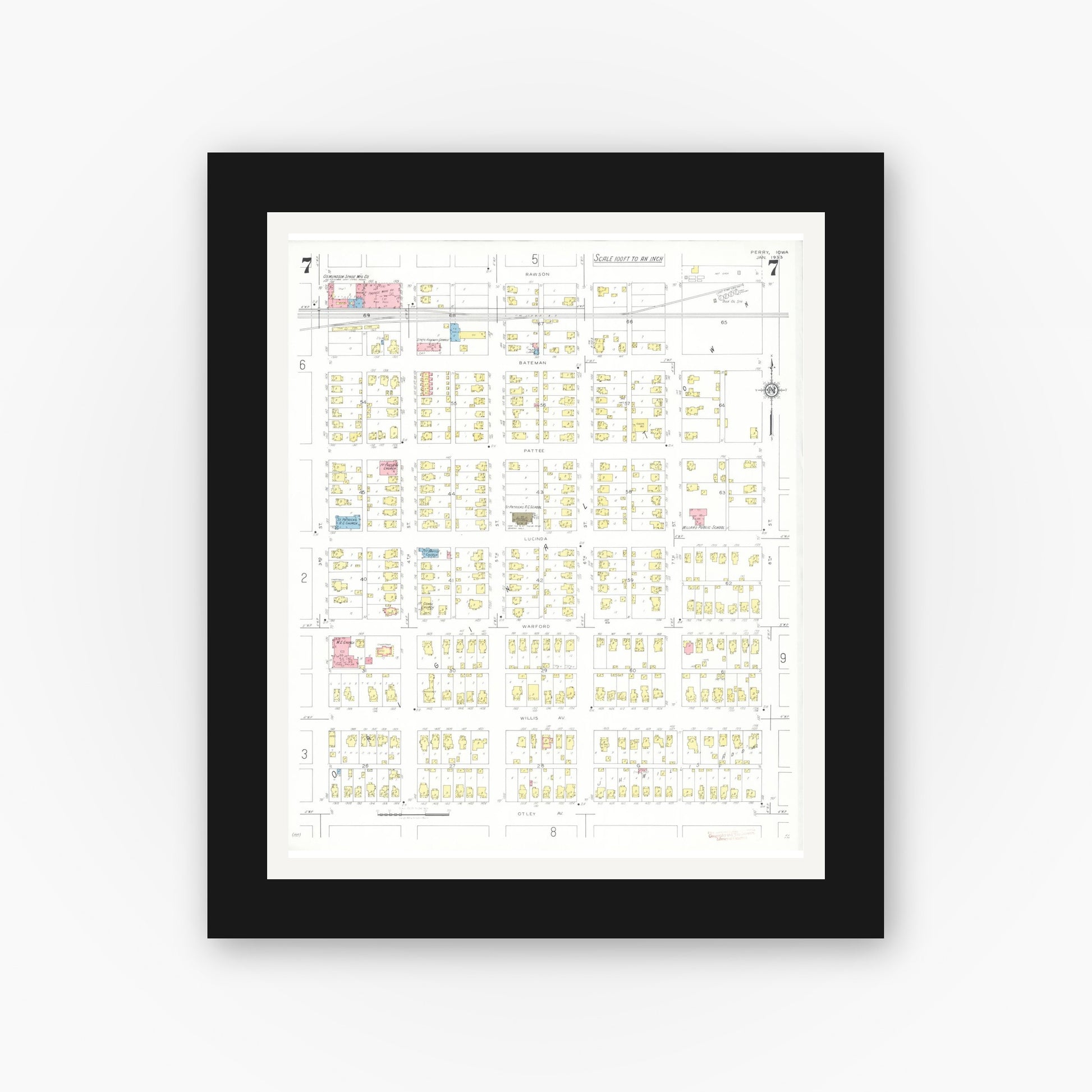 Old map wall art mockup — black gallery frame with white mat — Sanborn Fire Insurance Map from Perry, Dallas County, Iowa (1933), Sheet #0007