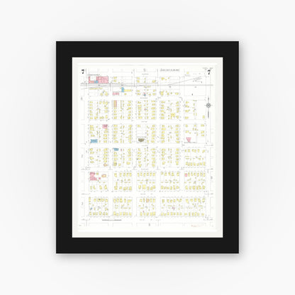 Old map wall art mockup — black gallery frame with white mat — Sanborn Fire Insurance Map from Perry, Dallas County, Iowa (1933), Sheet #0007