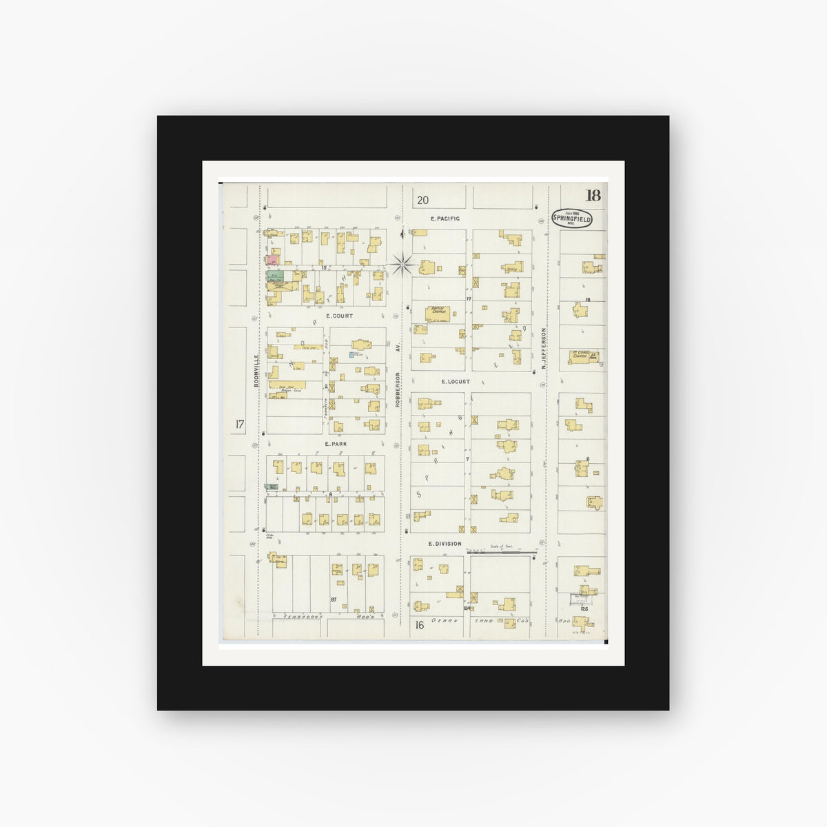 Old map wall art mockup — black gallery frame with white mat — Sanborn Fire Insurance Map from Springfield, Greene County, Missouri (1896), Sheet #0018