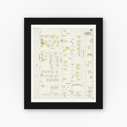 Old map wall art mockup — black gallery frame with white mat — Sanborn Fire Insurance Map from Springfield, Greene County, Missouri (1896), Sheet #0018