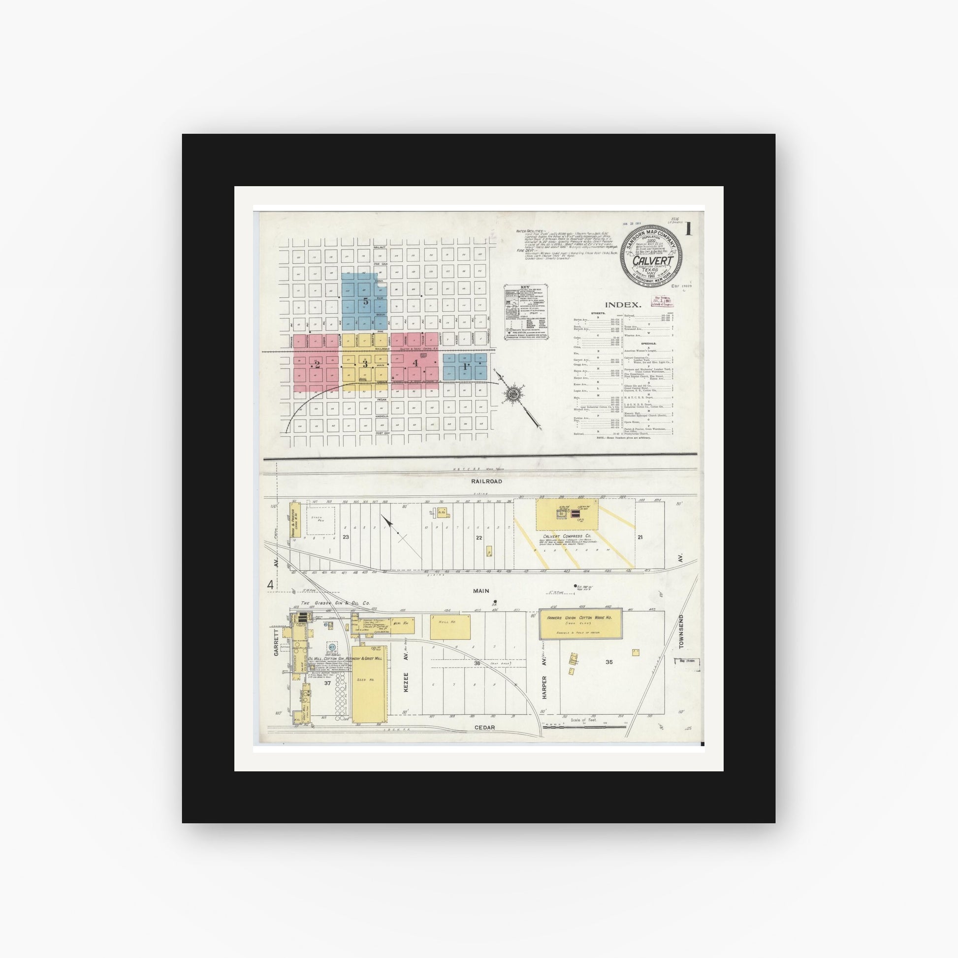 Old map wall art mockup — black gallery frame with white mat — Sanborn Fire Insurance Map from Calvert, Robertson County, Texas (1911), Sheet #0001