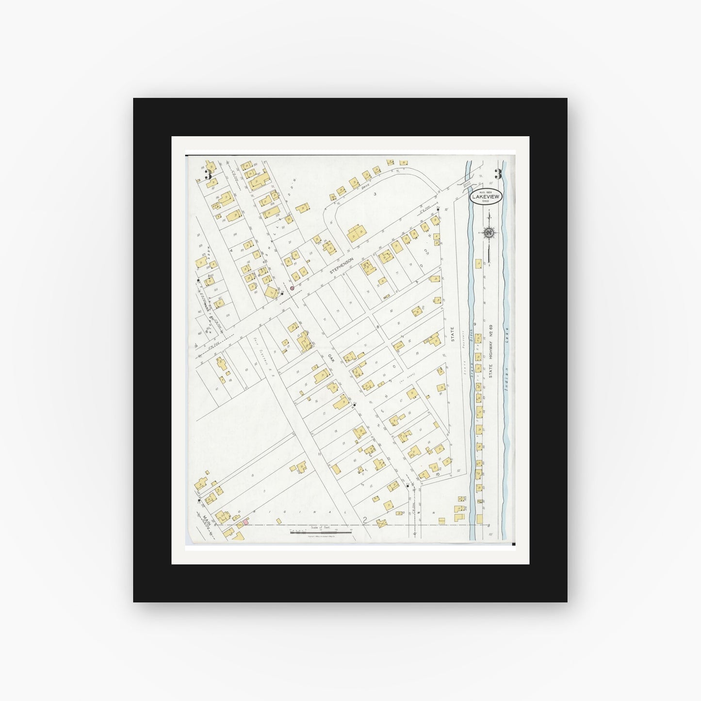 Old map wall art mockup — black gallery frame with white mat — Sanborn Fire Insurance Map from Lakeview, Logan County, Ohio (1929), Sheet #0003