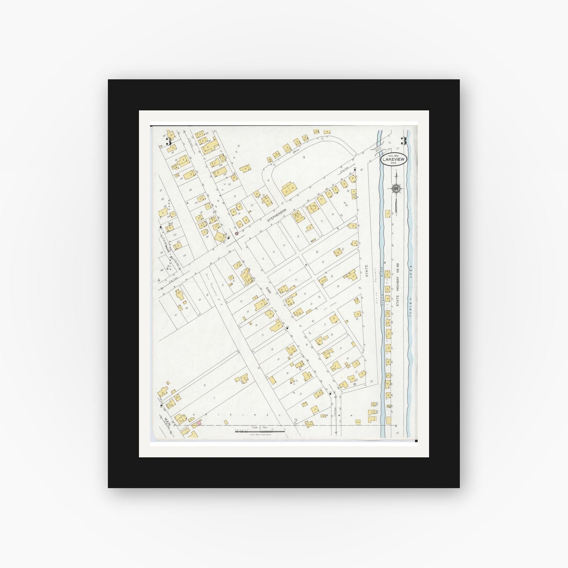 Old map wall art mockup — black gallery frame with white mat — Sanborn Fire Insurance Map from Lakeview, Logan County, Ohio (1929), Sheet #0003
