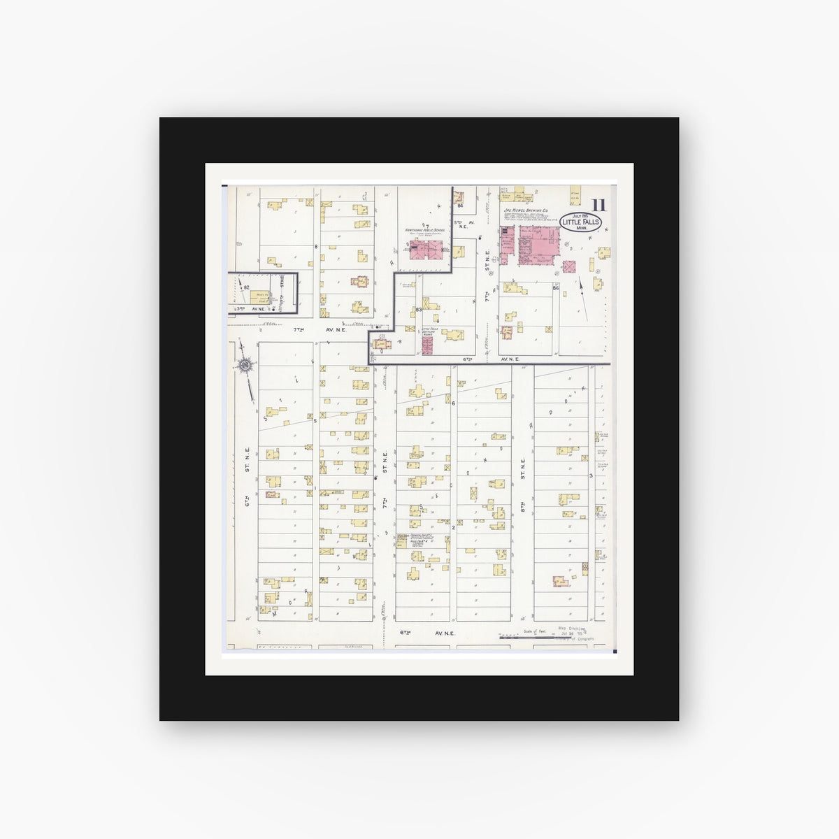 Old map wall art mockup — black gallery frame with white mat — Sanborn Fire Insurance Map from Little Falls, Morrison County, Minnesota (1915), Sheet #0011