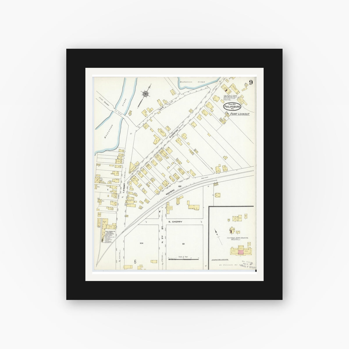 Old map wall art mockup — black gallery frame with white mat — Sanborn Fire Insurance Map from Philipsburg, Centre County, Pennsylvania (1910), Sheet #0009
