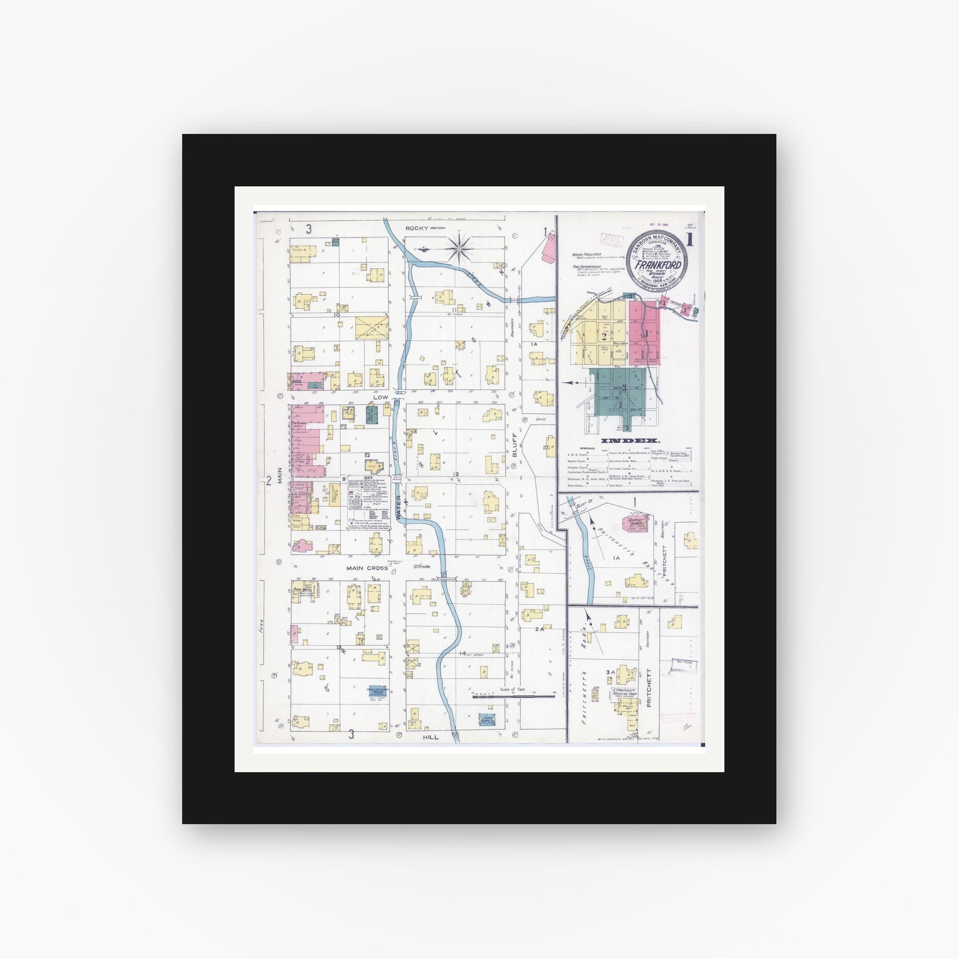 Old map wall art mockup — black gallery frame with white mat — Sanborn Fire Insurance Map from Frankford, Pike County, Missouri (1909) - Complete Map Set