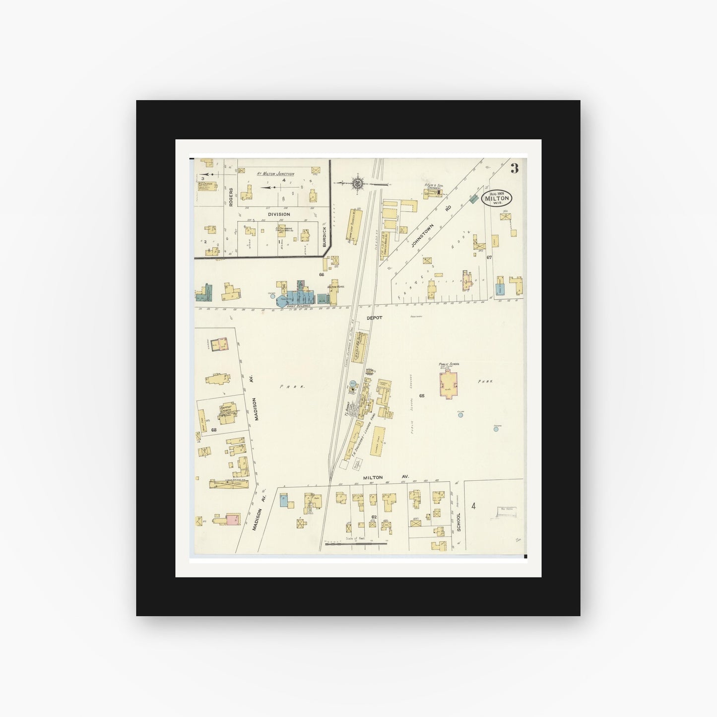 Old map wall art mockup — black gallery frame with white mat — Sanborn Fire Insurance Map from Milton, Rock County, Wisconsin (1909), Sheet #0003