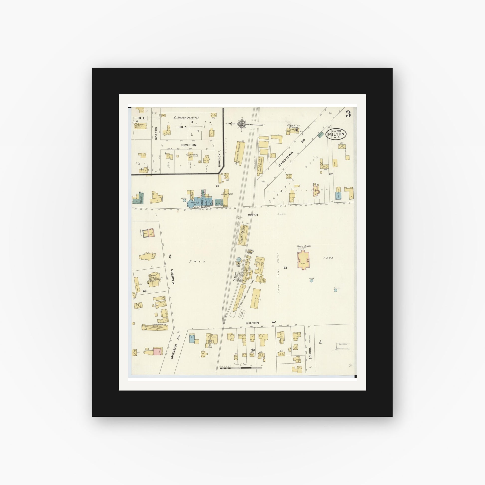 Old map wall art mockup — black gallery frame with white mat — Sanborn Fire Insurance Map from Milton, Rock County, Wisconsin (1909), Sheet #0003