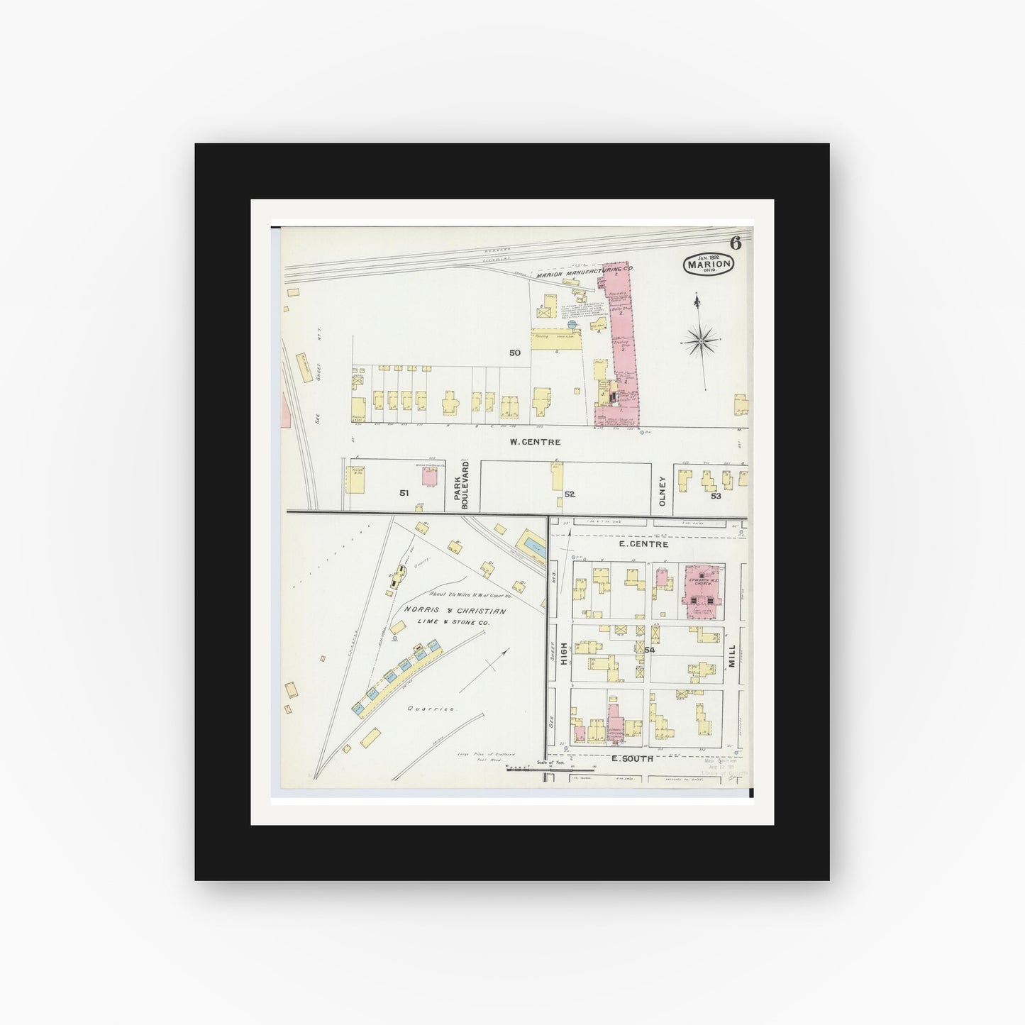 Old map wall art mockup — black gallery frame with white mat — Sanborn Fire Insurance Map from Marion, Marion County, Ohio (1892), Sheet #0006