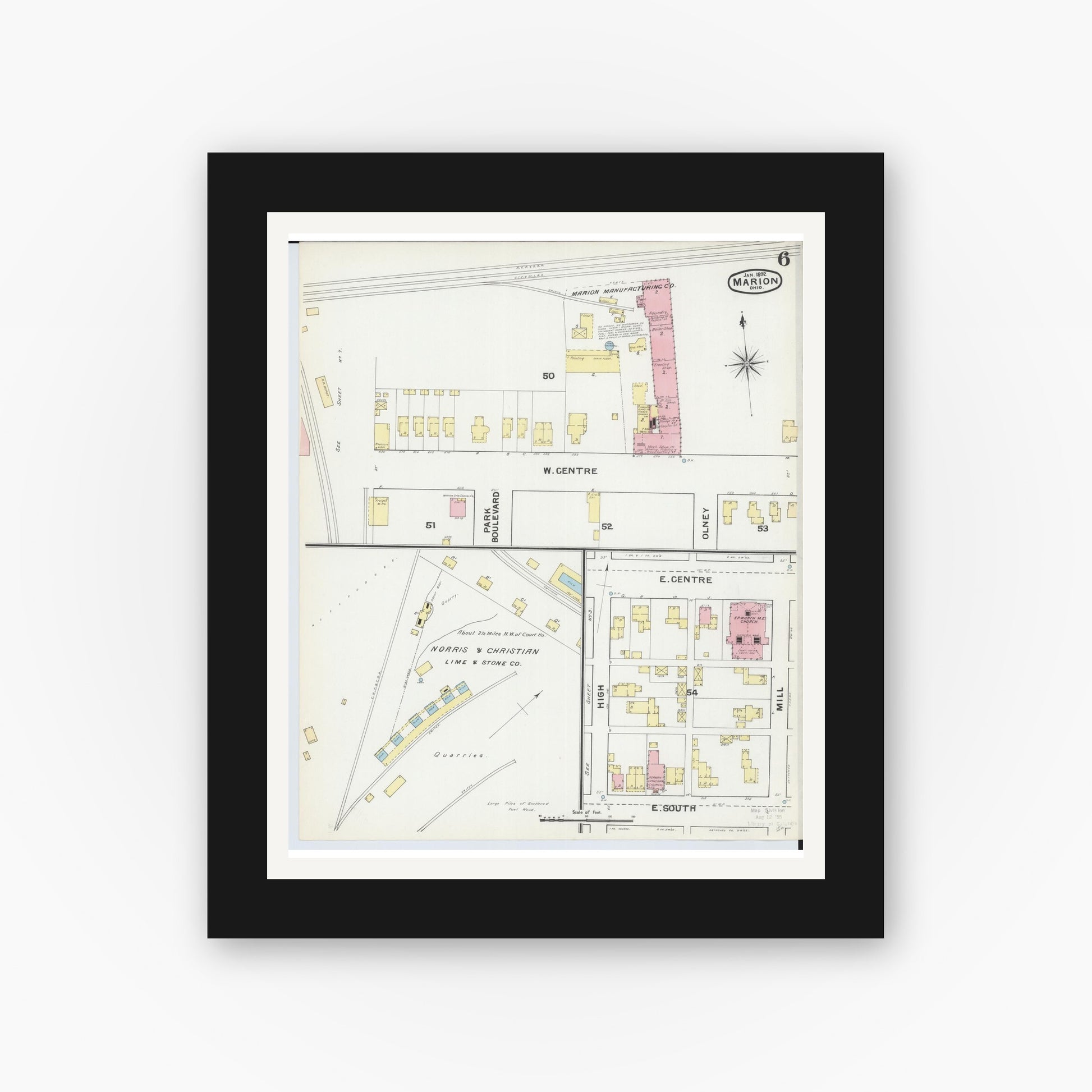 Old map wall art mockup — black gallery frame with white mat — Sanborn Fire Insurance Map from Marion, Marion County, Ohio (1892), Sheet #0006