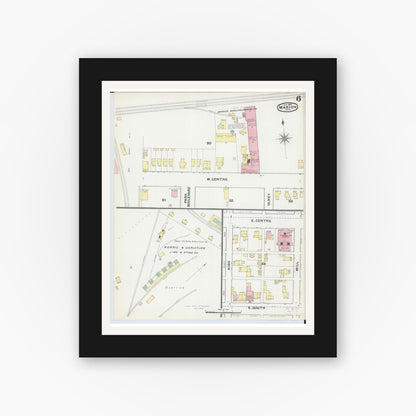 Old map wall art mockup — black gallery frame with white mat — Sanborn Fire Insurance Map from Marion, Marion County, Ohio (1892), Sheet #0006