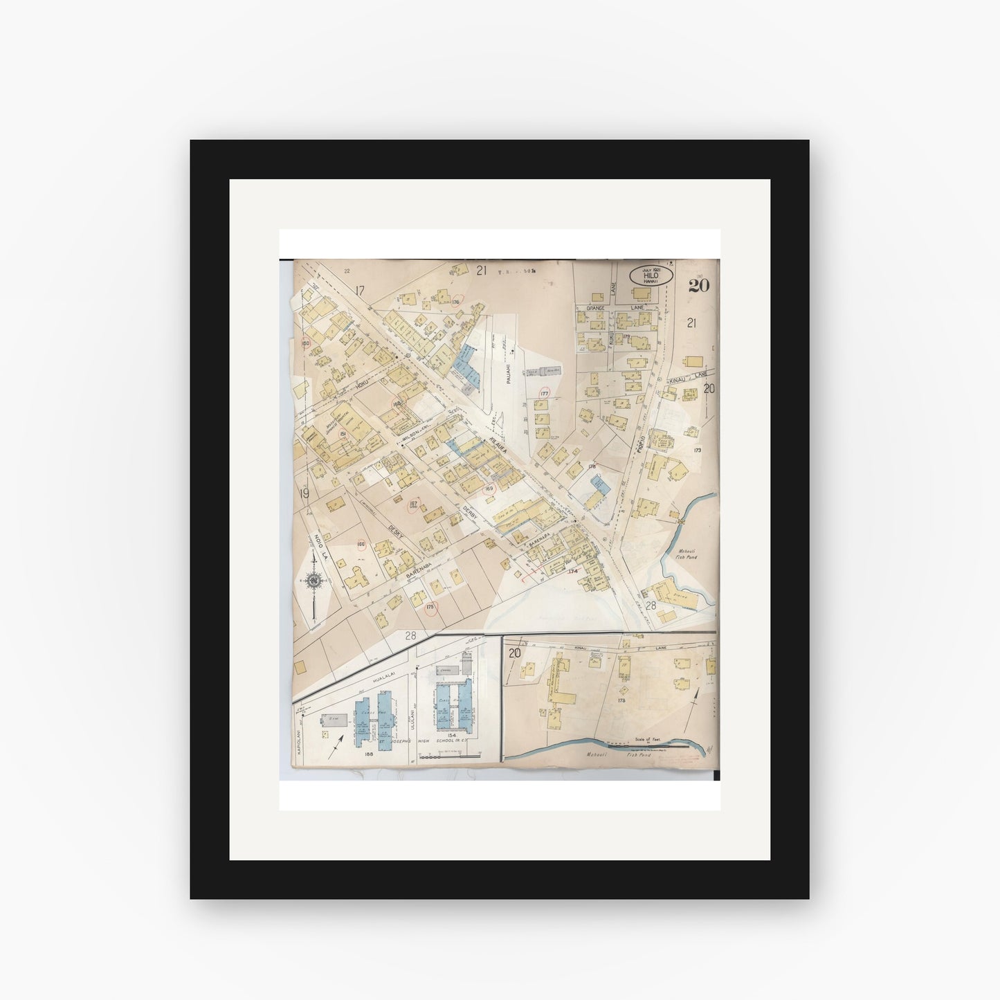 Old map wall art mockup — black gallery frame with white mat — Sanborn Fire Insurance Map from Hilo, Hawaii County, Hawaii (1957), Sheet #0020