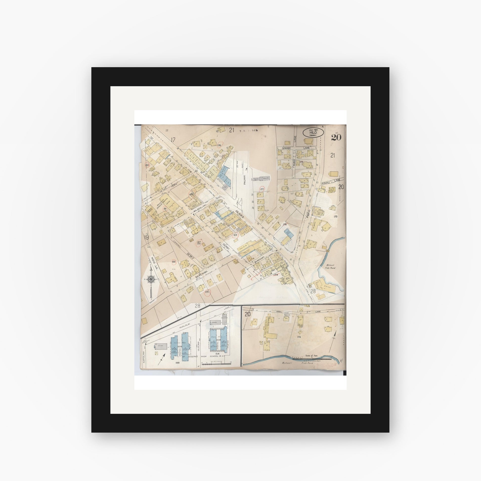 Old map wall art mockup — black gallery frame with white mat — Sanborn Fire Insurance Map from Hilo, Hawaii County, Hawaii (1957), Sheet #0020