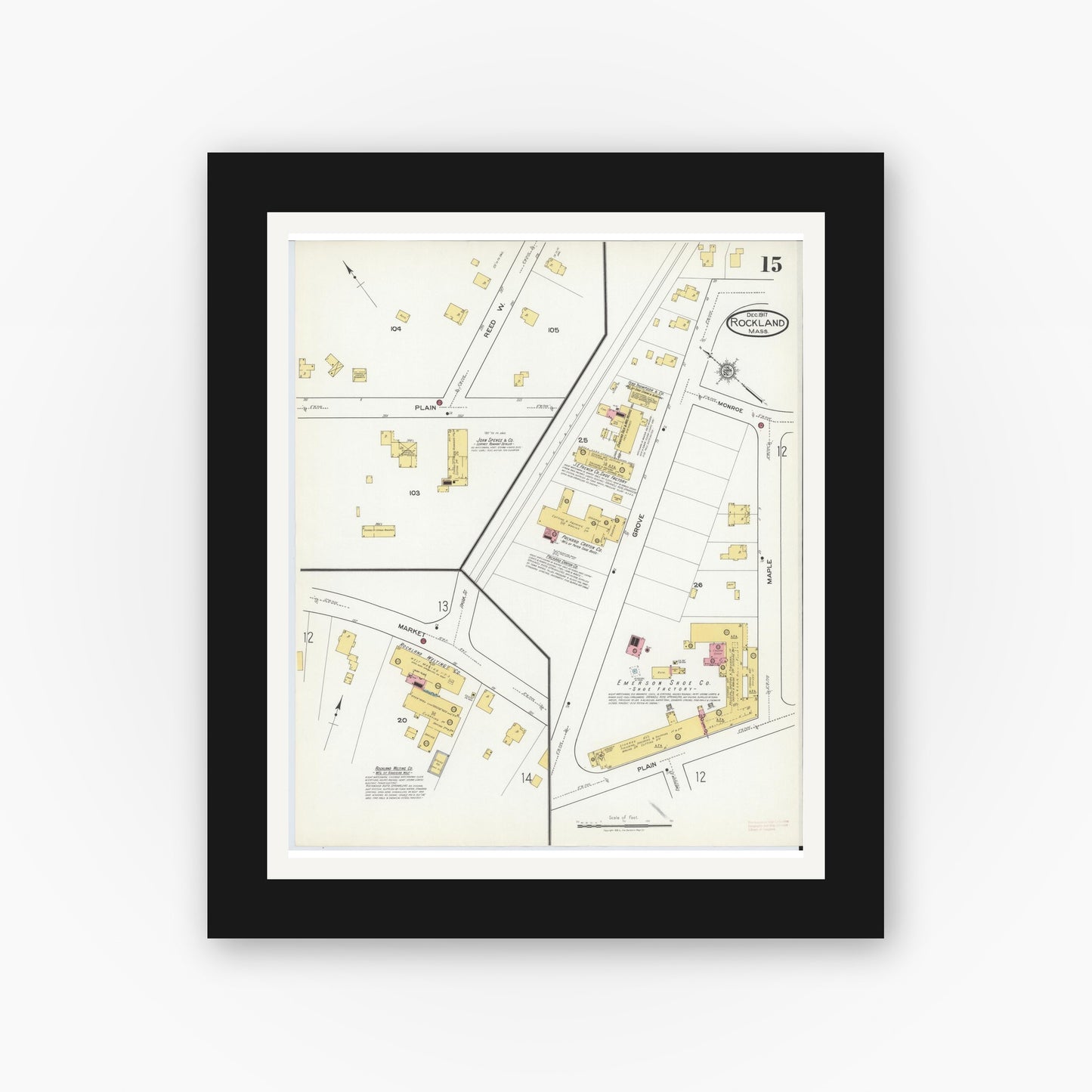 Old map wall art mockup — black gallery frame with white mat — Sanborn Fire Insurance Map from Rockland, Plymouth County, Massachusetts (1917), Sheet #0015