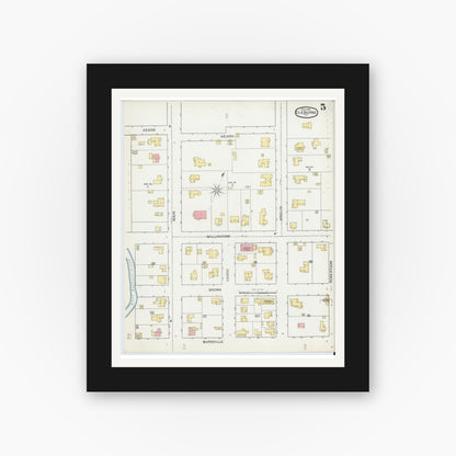 Old map wall art mockup — black gallery frame with white mat — Sanborn Fire Insurance Map from Cleburne, Johnson County, Texas (1893), Sheet #0005