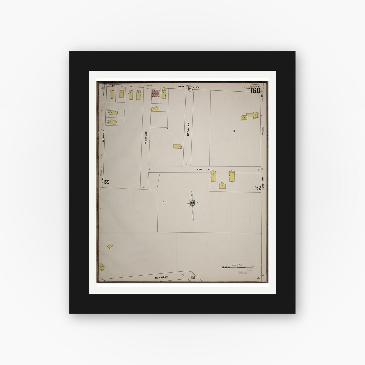 Old map wall art mockup — black gallery frame with white mat — Sanborn Fire Insurance Map from Worcester, Worcester County, Massachusetts (1910), Sheet #0160