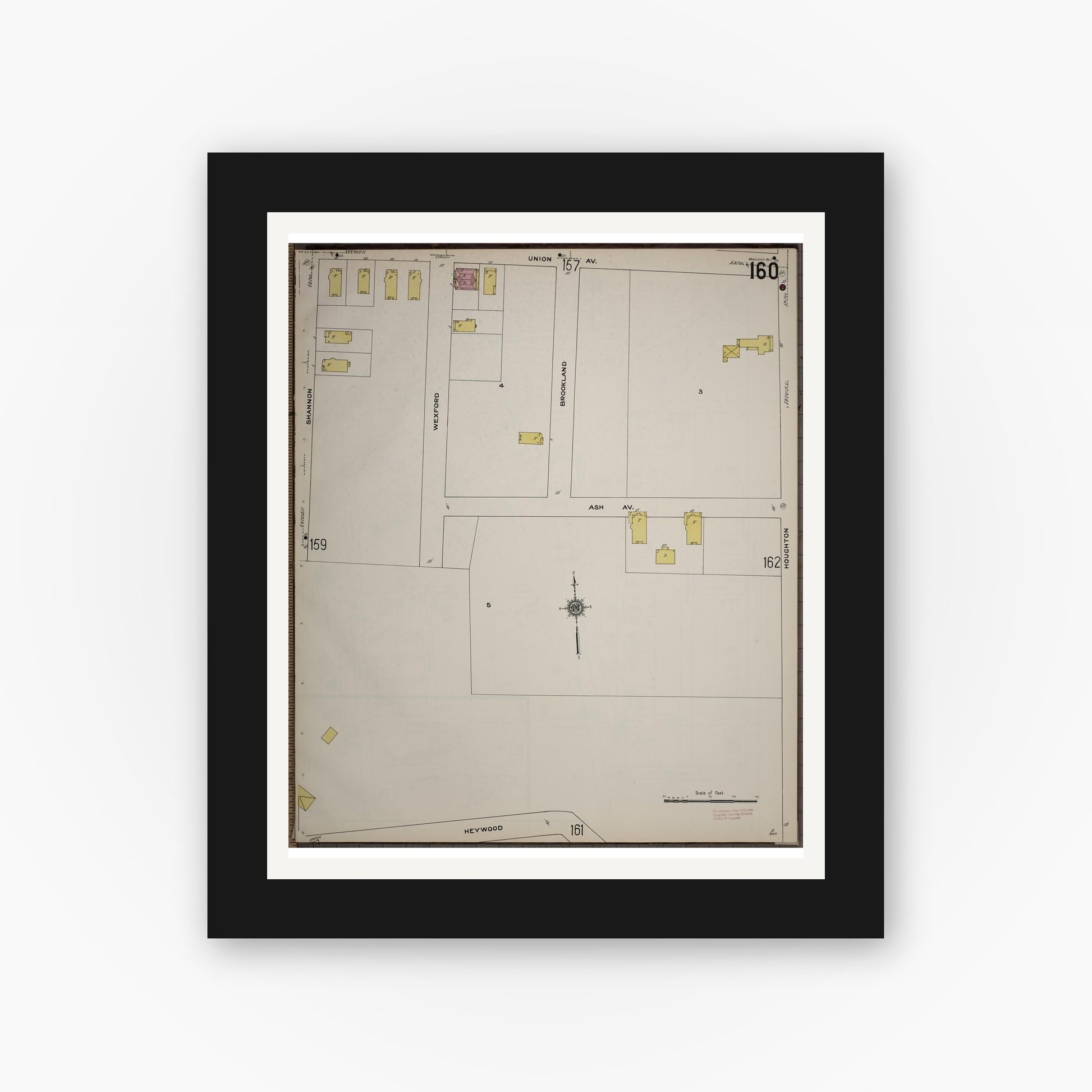 Old map wall art mockup — black gallery frame with white mat — Sanborn Fire Insurance Map from Worcester, Worcester County, Massachusetts (1910), Sheet #0160