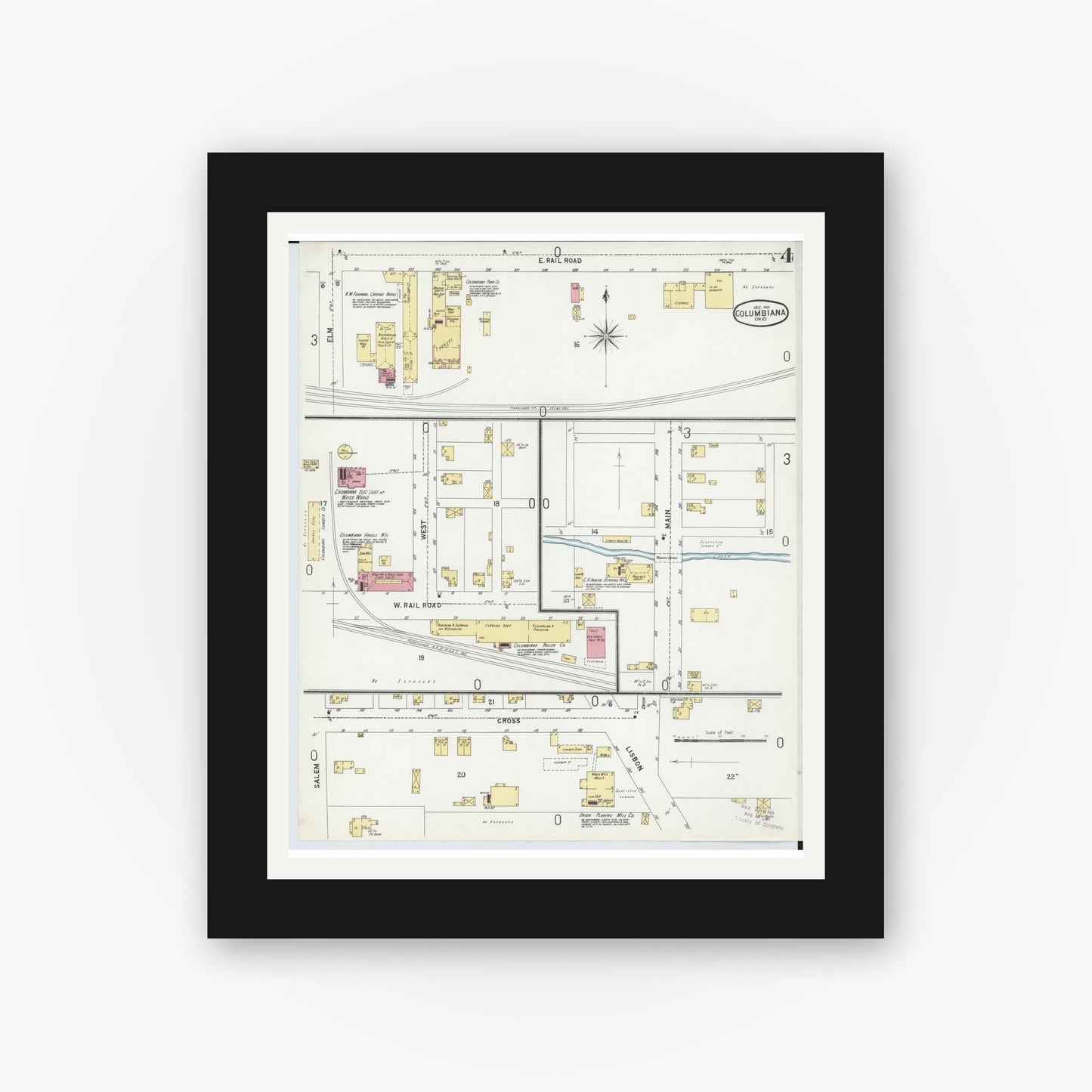 Old map wall art mockup — black gallery frame with white mat — Sanborn Fire Insurance Map from Columbiana, Columbiana County, Ohio (1901), Sheet #0004