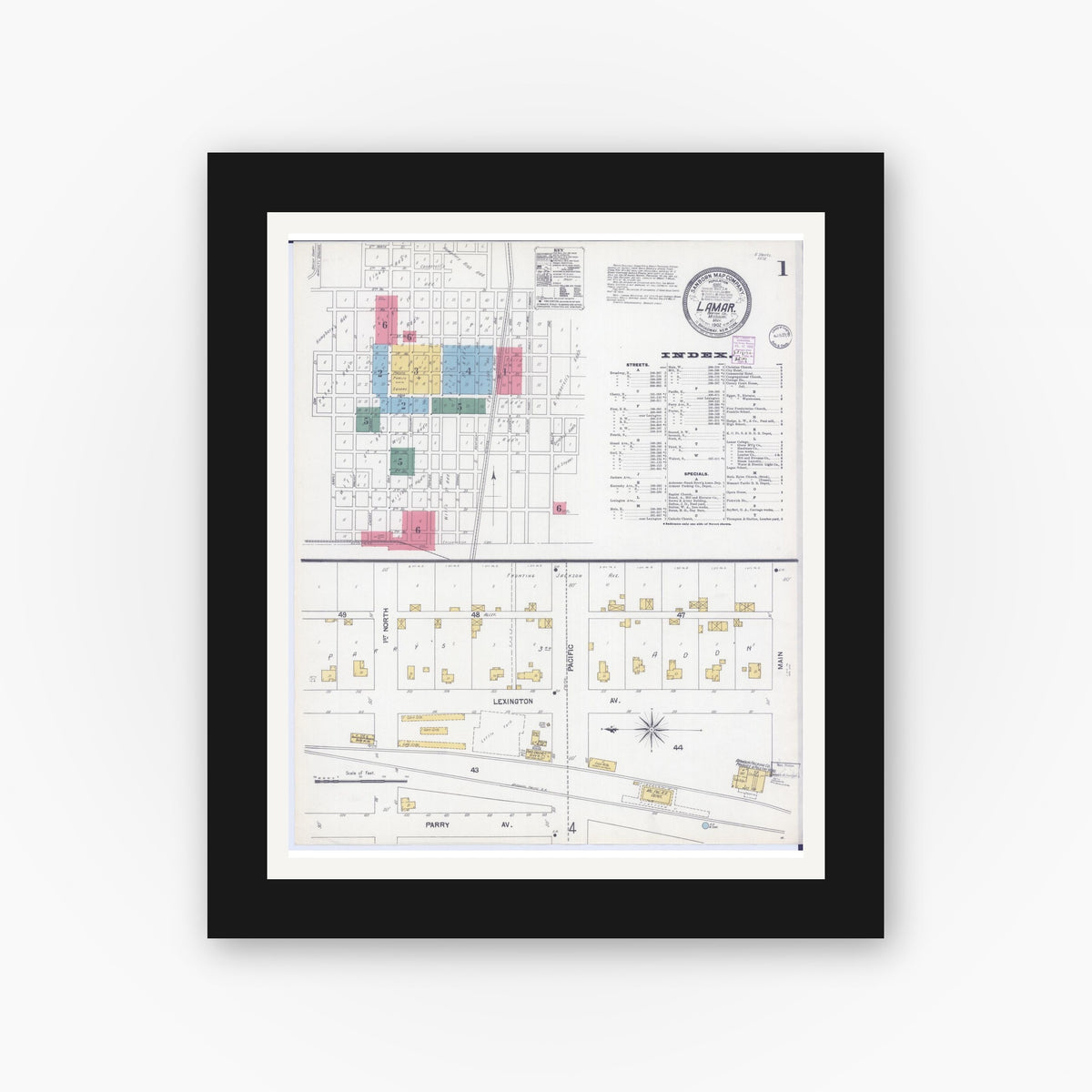 Old map wall art mockup — black gallery frame with white mat — Sanborn Fire Insurance Map from Lamar, Barton County, Missouri (1902) - Complete Map Set