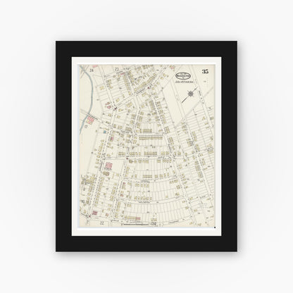 Old map wall art mockup — black gallery frame with white mat — Sanborn Fire Insurance Map from Washington, Washington County, Pennsylvania (1914), Sheet #0035