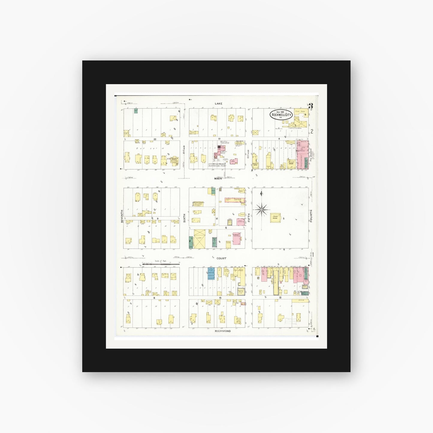 Old map wall art mockup — black gallery frame with white mat — Sanborn Fire Insurance Map from Rockwell City, Calhoun County, Iowa (1909), Sheet #0003