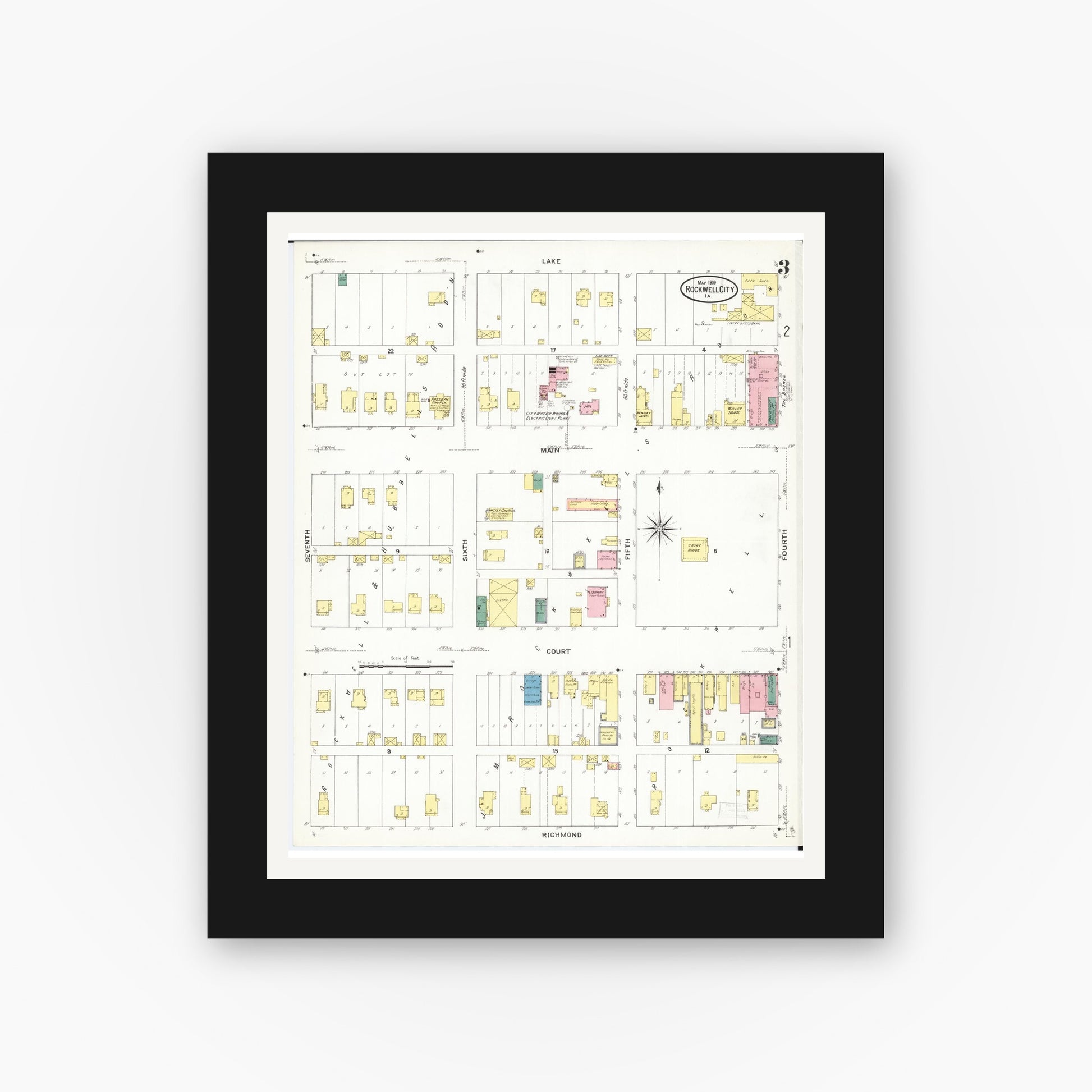 Old map wall art mockup — black gallery frame with white mat — Sanborn Fire Insurance Map from Rockwell City, Calhoun County, Iowa (1909), Sheet #0003
