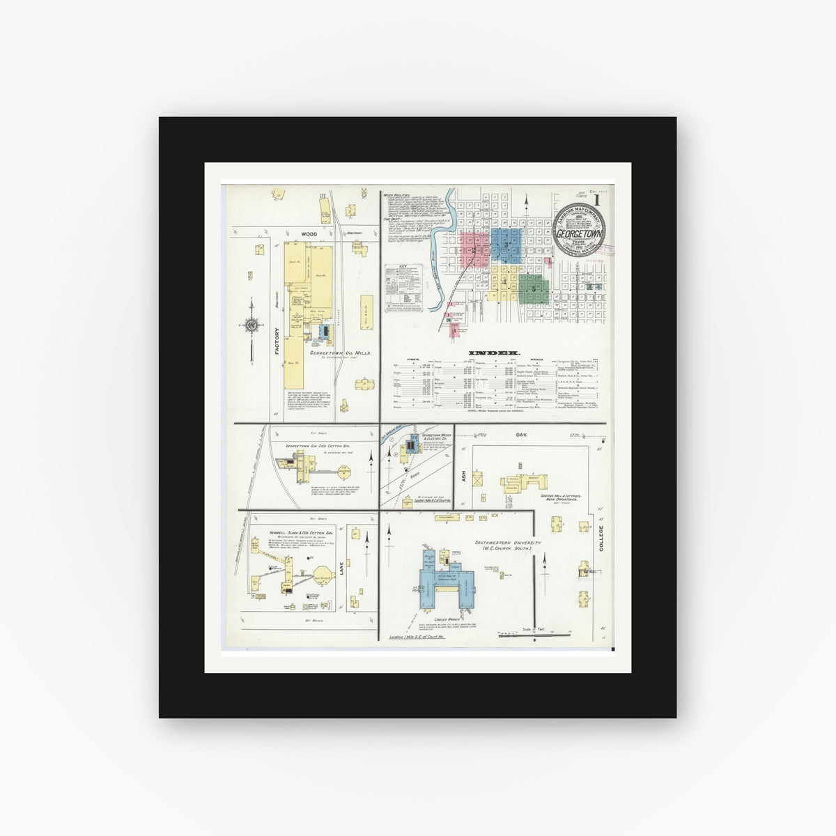 Old map wall art mockup — black gallery frame with white mat — Sanborn Fire Insurance Map from Georgetown, Williamson County, Texas (1910), Sheet #0001