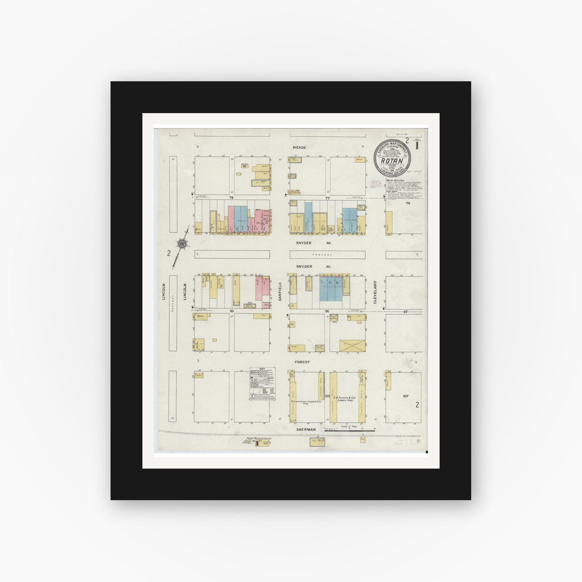 Old map wall art mockup — black gallery frame with white mat — Sanborn Fire Insurance Map from Rotan, Fisher County, Texas (1911) - Complete Map Set