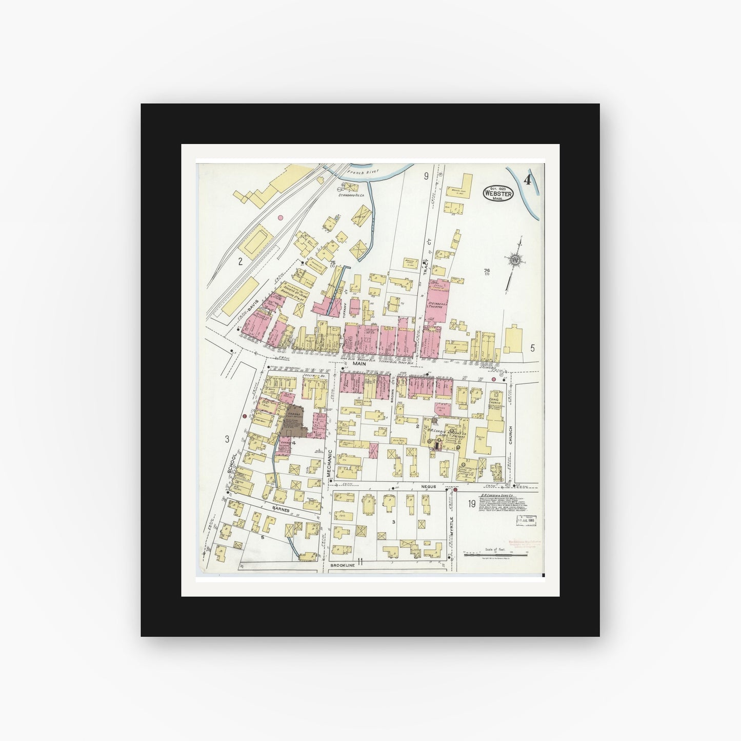 Old map wall art mockup — black gallery frame with white mat — Sanborn Fire Insurance Map from Webster, Worcester County, Massachusetts (1920), Sheet #0004