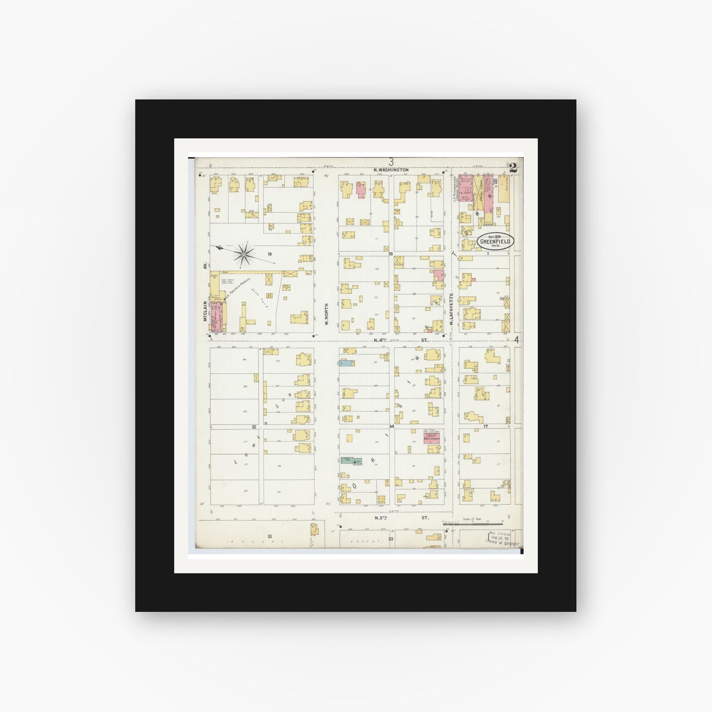 Old map wall art mockup — black gallery frame with white mat — Sanborn Fire Insurance Map from Greenfield, Highland County, Ohio (1899), Sheet #0002