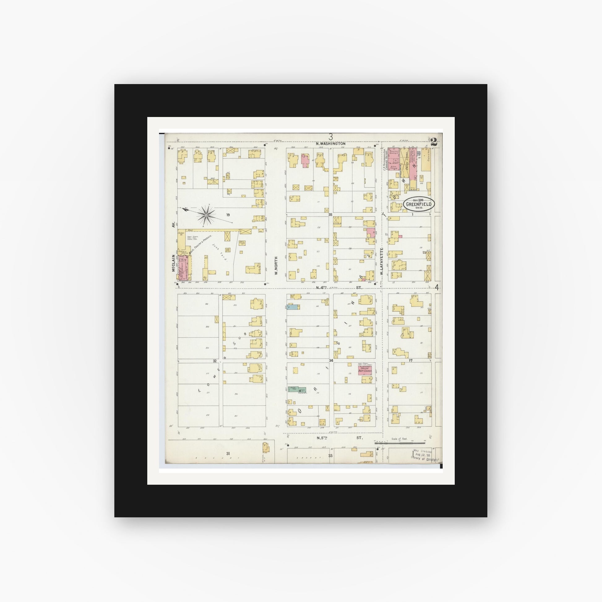 Old map wall art mockup — black gallery frame with white mat — Sanborn Fire Insurance Map from Greenfield, Highland County, Ohio (1899), Sheet #0002