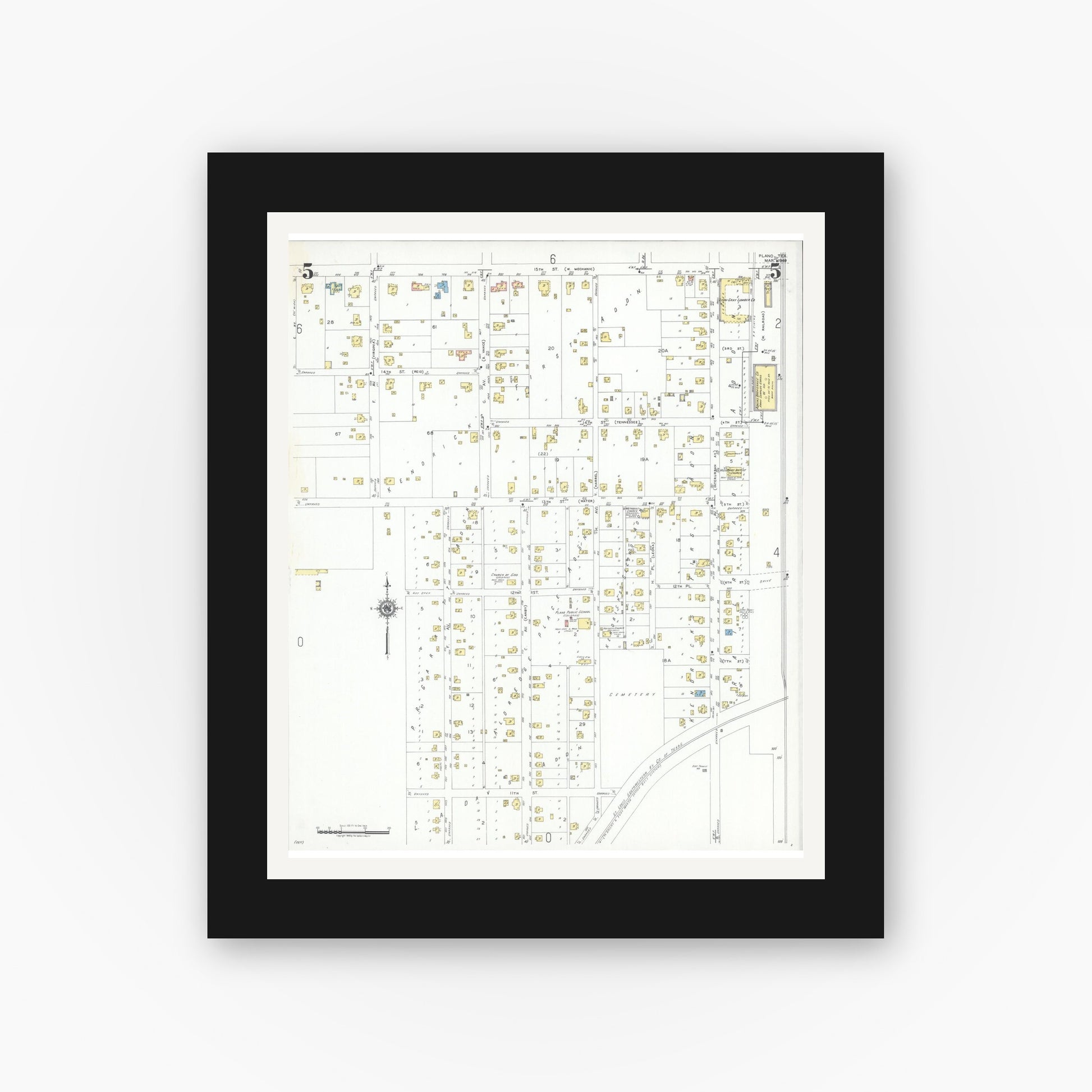 Old map wall art mockup — black gallery frame with white mat — Sanborn Fire Insurance Map from Plano, Collin County, Texas (1949), Sheet #0005
