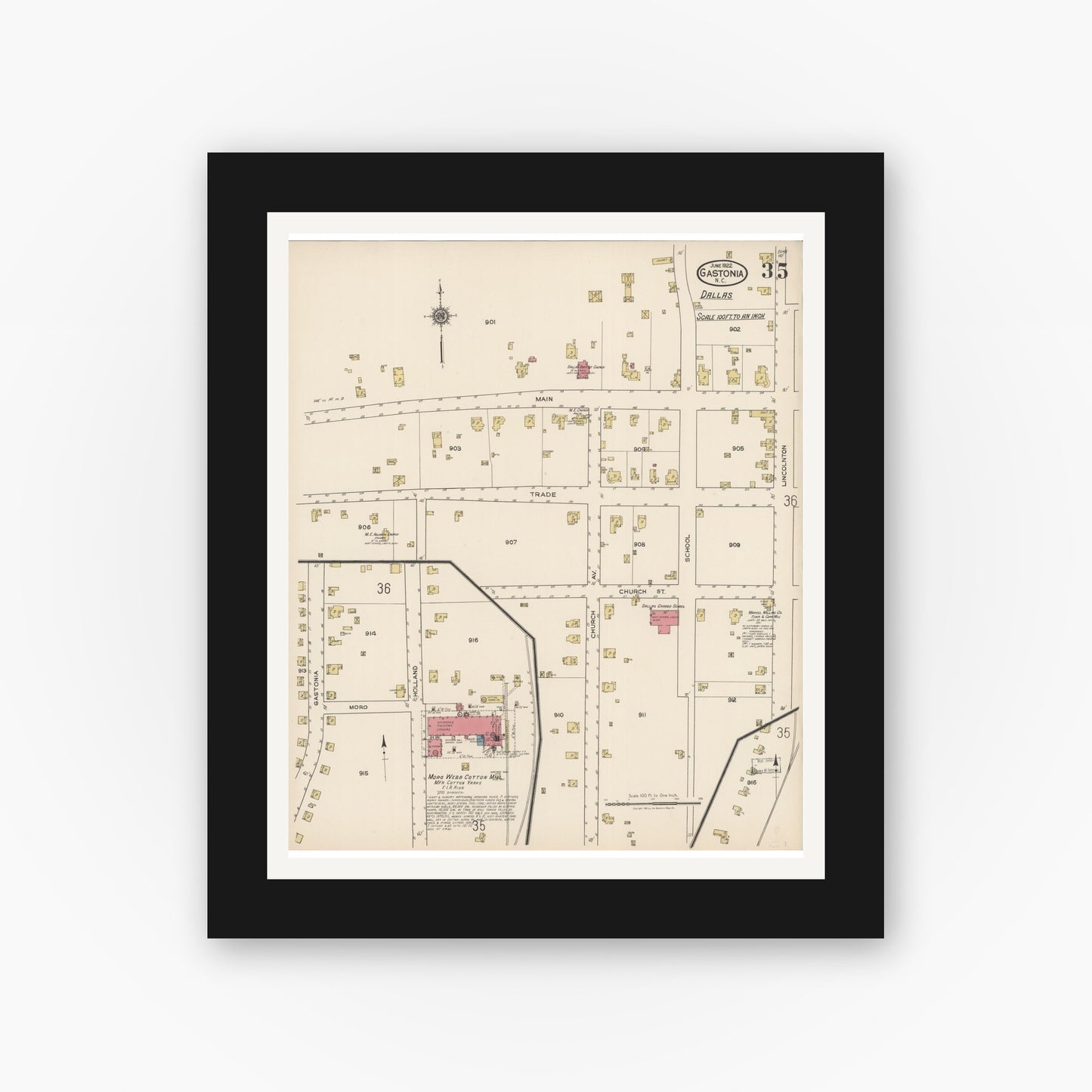 Old map wall art mockup — black gallery frame with white mat — Sanborn Fire Insurance Map from Gastonia, Gaston County, North Carolina (1922), Sheet #0035