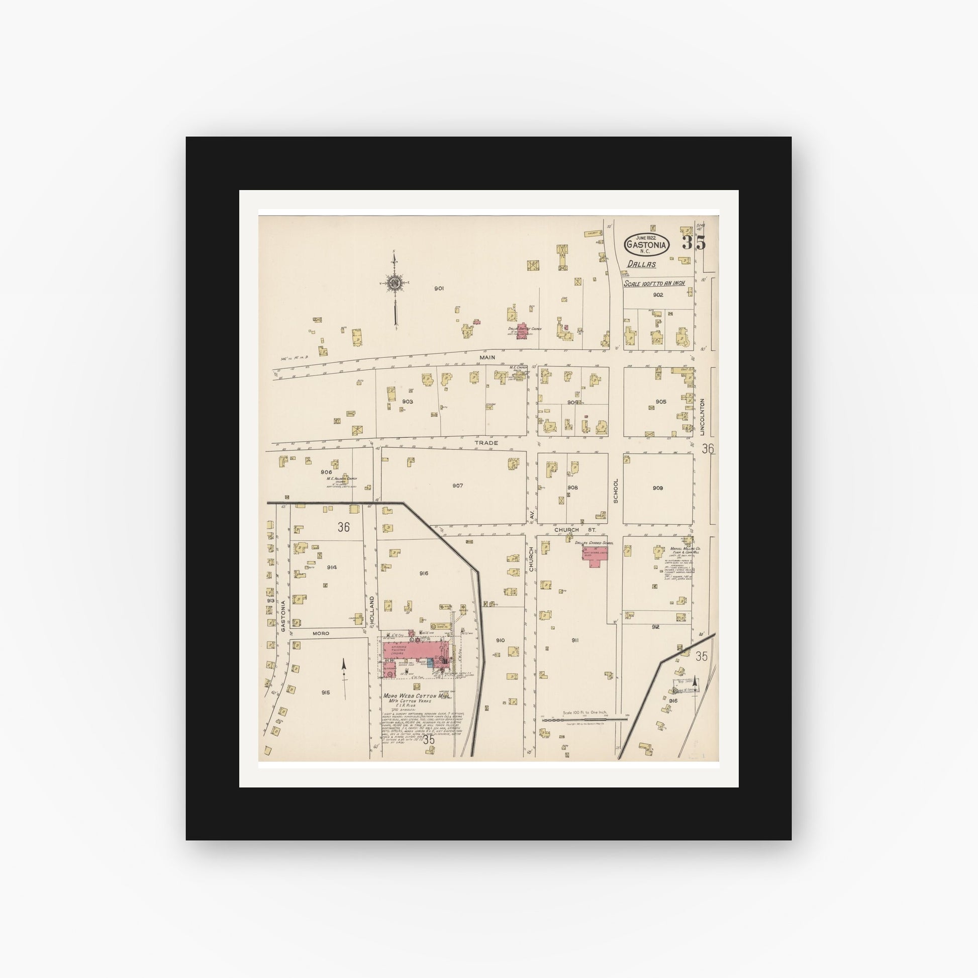 Old map wall art mockup — black gallery frame with white mat — Sanborn Fire Insurance Map from Gastonia, Gaston County, North Carolina (1922), Sheet #0035
