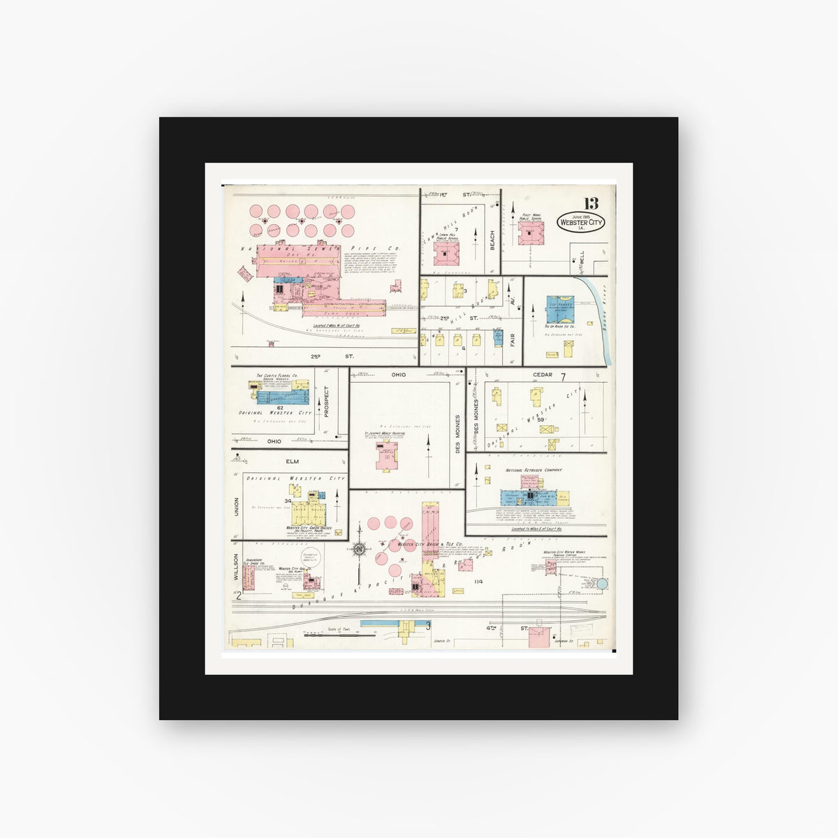 Old map wall art mockup — black gallery frame with white mat — Sanborn Fire Insurance Map from Webster City, Hamilton County, Iowa (1915), Sheet #0013