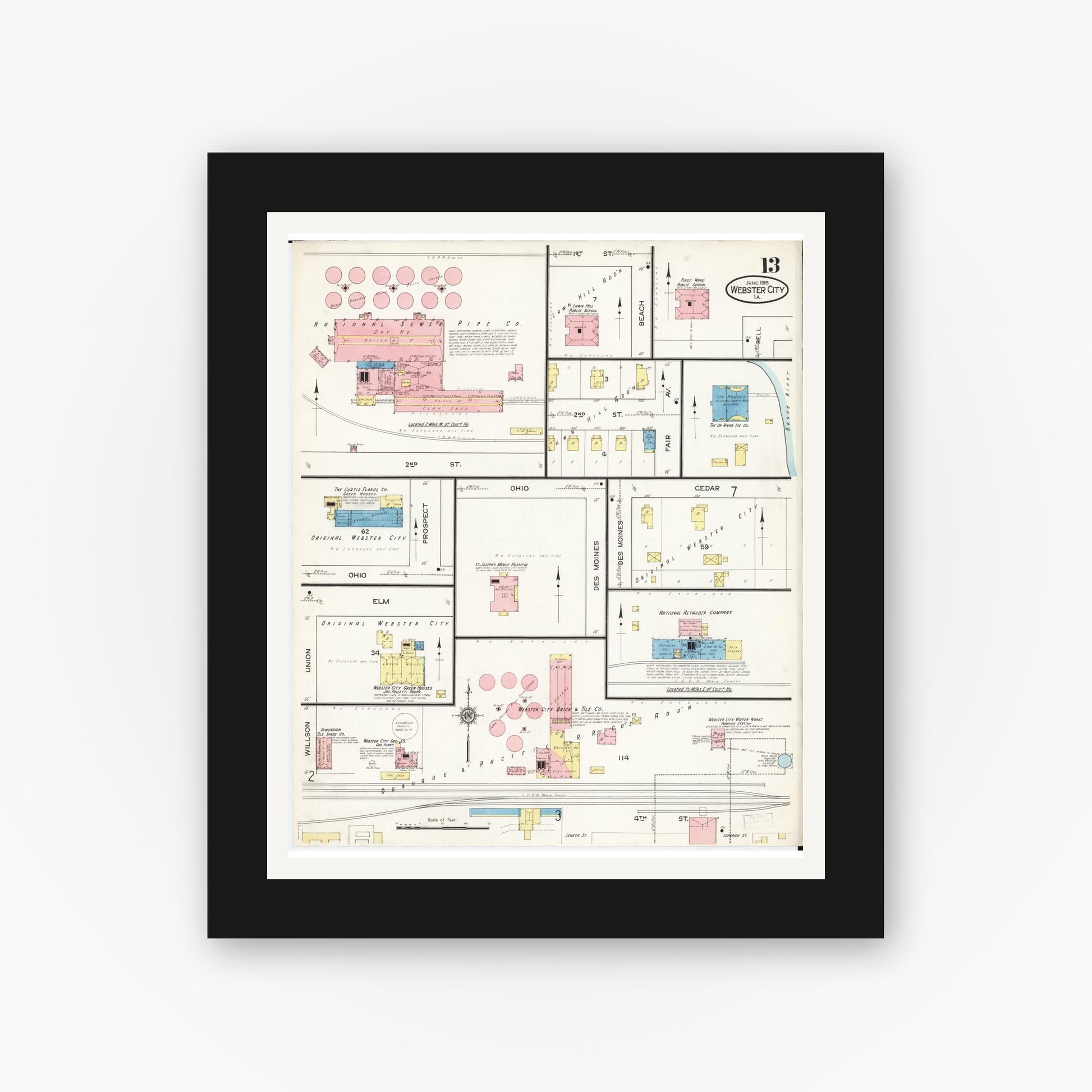 Old map wall art mockup — black gallery frame with white mat — Sanborn Fire Insurance Map from Webster City, Hamilton County, Iowa (1915), Sheet #0013