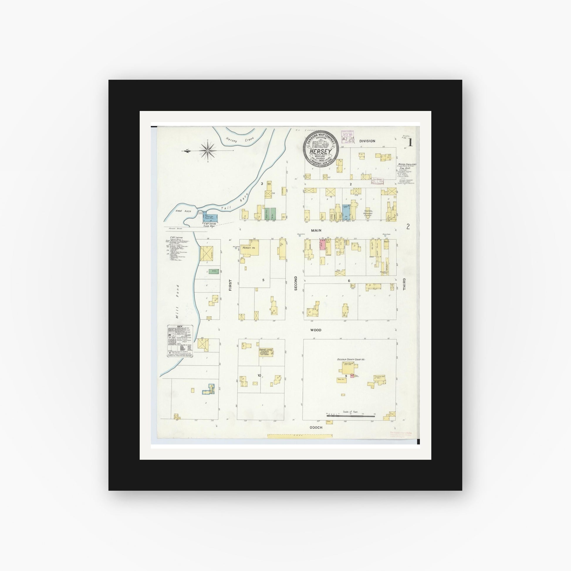 Old map wall art mockup — black gallery frame with white mat — Sanborn Fire Insurance Map from Hersey, Osceola County, Michigan (1908) - Complete Map Set