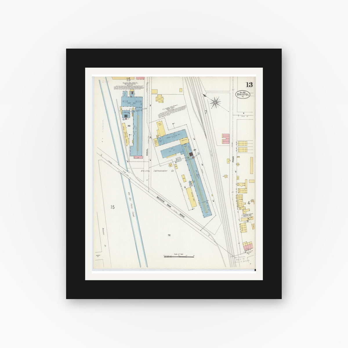 Old map wall art mockup — black gallery frame with white mat — Sanborn Fire Insurance Map from Bristol, Bucks County, Pennsylvania (1903), Sheet #0013