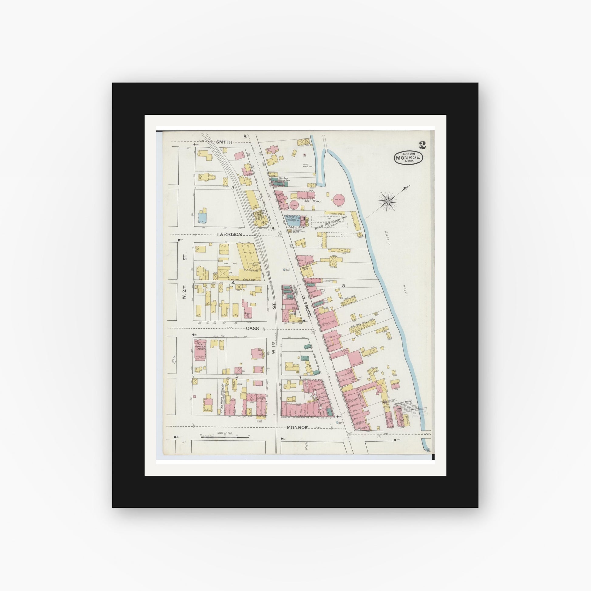 Old map wall art mockup — black gallery frame with white mat — Sanborn Fire Insurance Map from Monroe, Monroe County, Michigan (1893), Sheet #0002