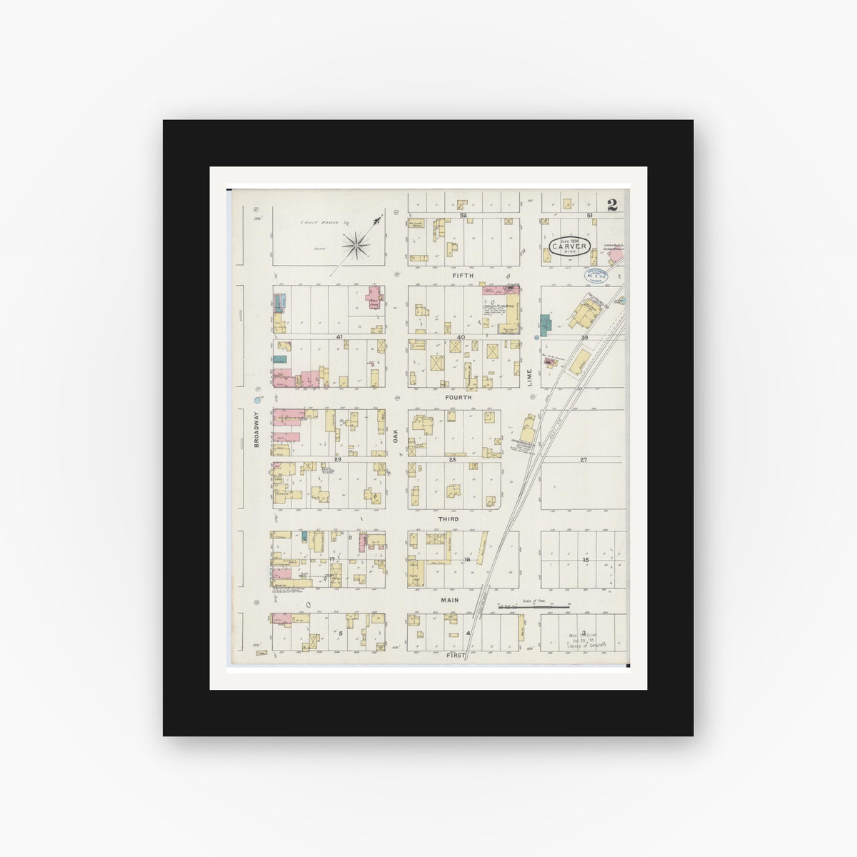 Old map wall art mockup — black gallery frame with white mat — Sanborn Fire Insurance Map from Carver, Carver County, Minnesota (1894), Sheet #0002