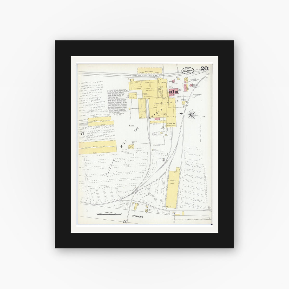 Old map wall art mockup — black gallery frame with white mat — Sanborn Fire Insurance Map from Cairo, Alexander County, Illinois (1901), Sheet #0020