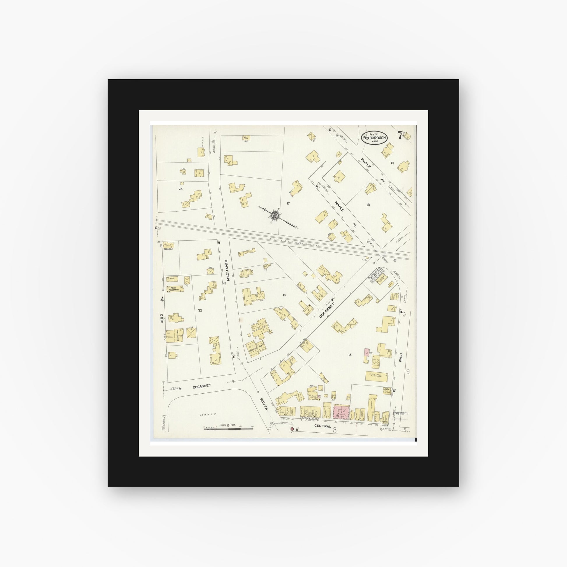 Old map wall art mockup — black gallery frame with white mat — Sanborn Fire Insurance Map from Foxboro, Norfolk County, Massachusetts (1911), Sheet #0007