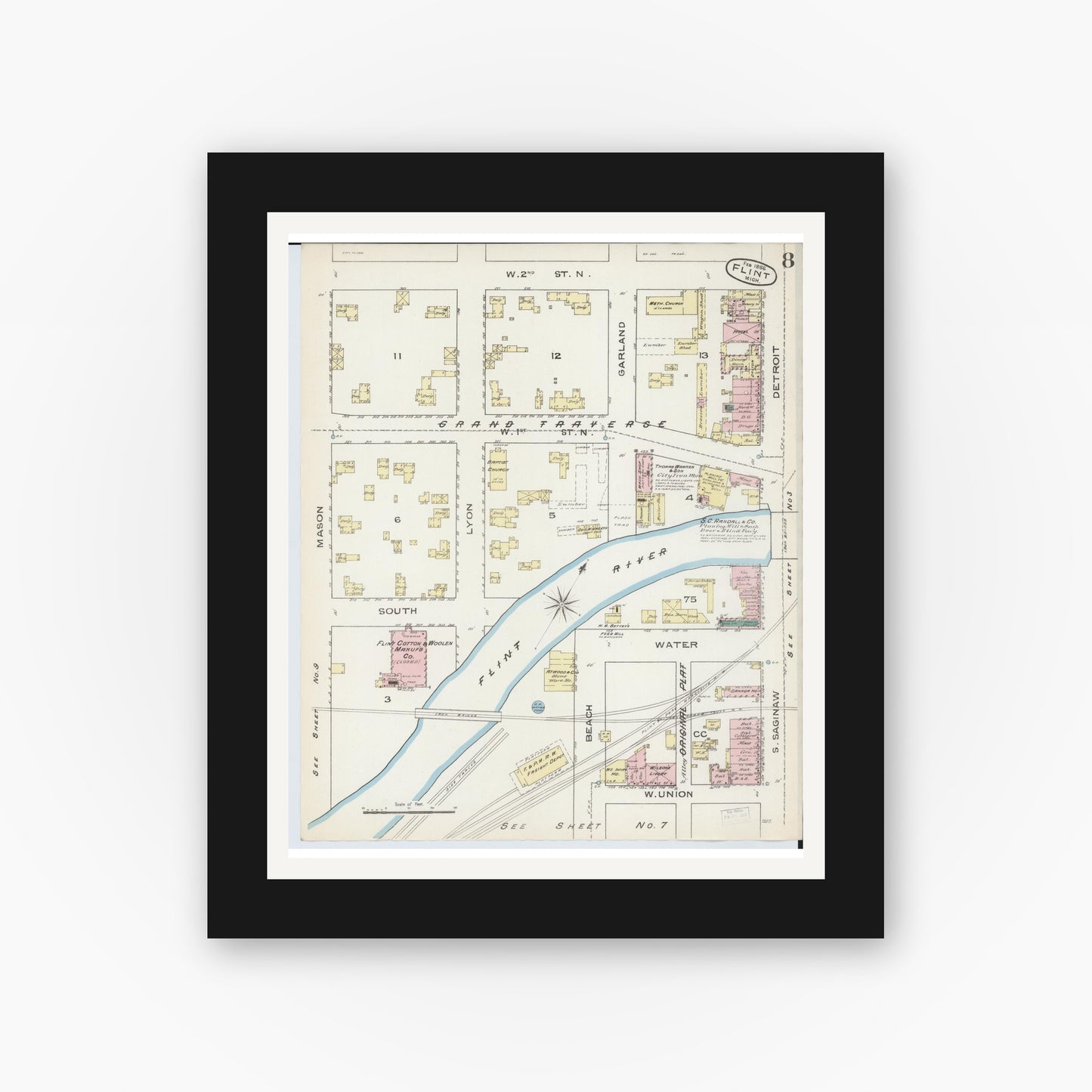 Old map wall art mockup — black gallery frame with white mat — Sanborn Fire Insurance Map from Flint, Genesee County, Michigan (1886), Sheet #0008