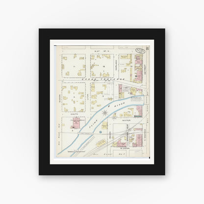 Old map wall art mockup — black gallery frame with white mat — Sanborn Fire Insurance Map from Flint, Genesee County, Michigan (1886), Sheet #0008